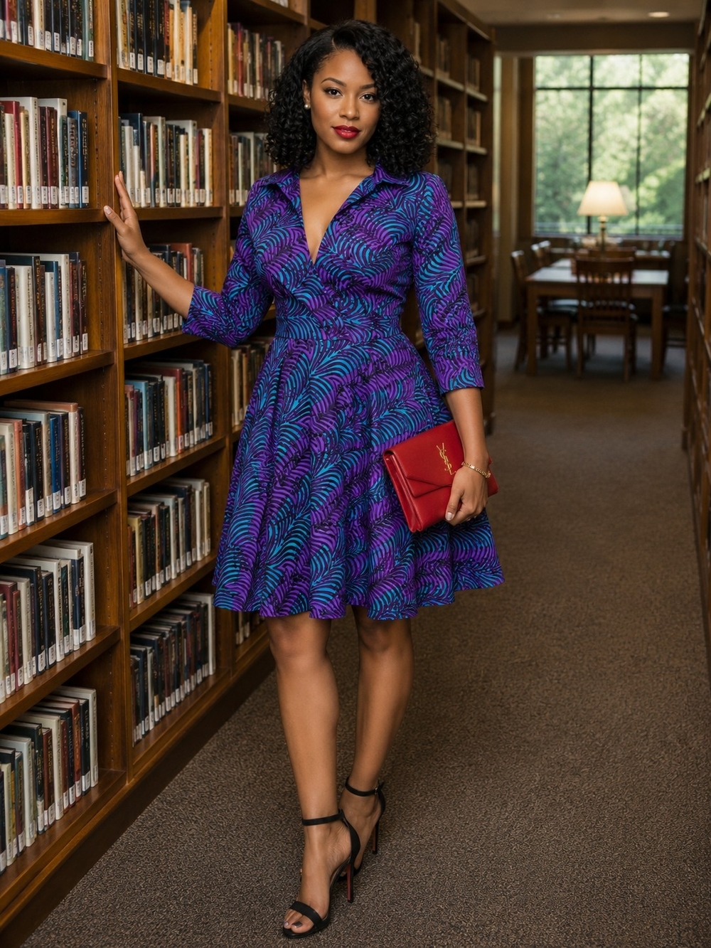 Notched-Collar Ankara Fit & Flare Dress in Purple and Teal